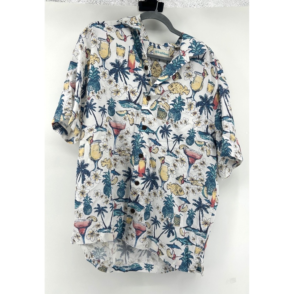 Caribbean Mens Large Tropical Drink Pineapple Palm Tree Modal Blend Camp Shirt